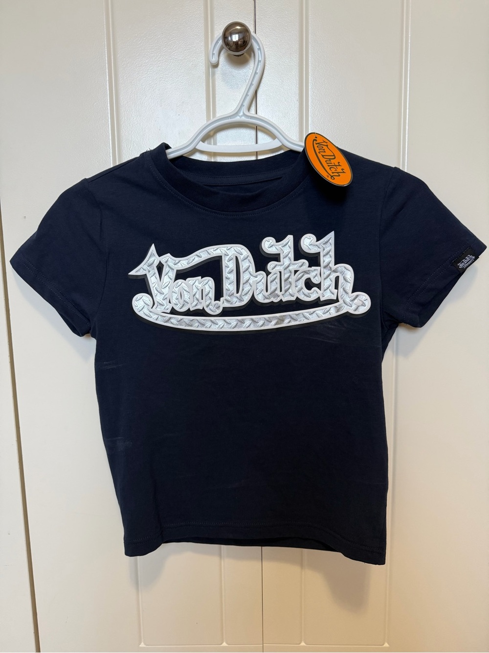 Von Dutch Navy Short Sleeve Logo Tee with textured name Y2K style